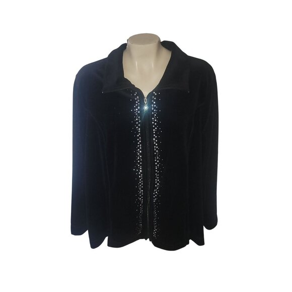 Catherines Womens Black Velvet Rhinestone Zip Jacket 2X 22/24 velour rhinestones - Picture 1 of 5